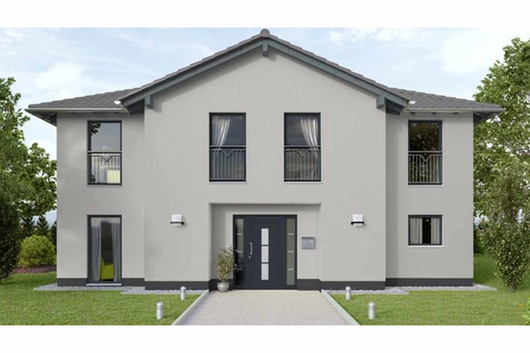 Ansicht eines modernen Einfamilienhauses mit Fenstern, Eingangstür und Dach