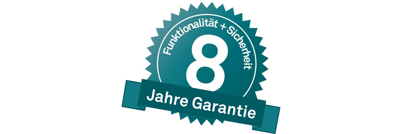 Garantiesiegel für acht Jahre mit dem Text Funktionalität plus Sicherheit