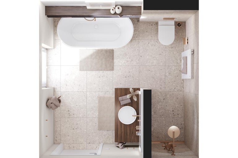 Draufsicht auf ein modernes Badezimmer mit freistehender Badewanne, Waschtisch auf Holzkonsole, Wand-WC und ebenerdiger Dusche in Natursteinoptik.