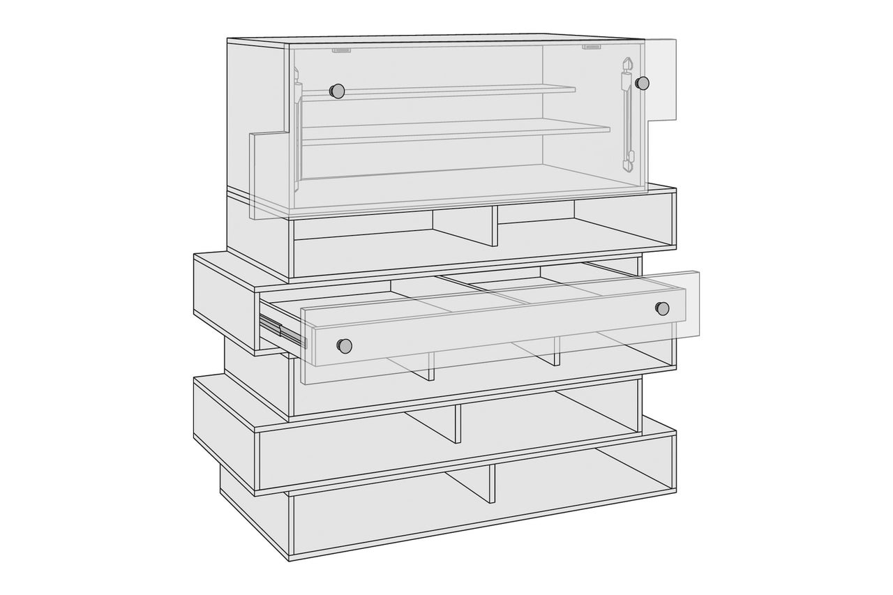 Schrankelemente mit Schubladen und Regalen