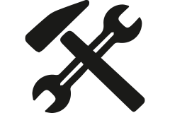 Symbol für Werkzeug: Hammer und Schraubenschlüssel.