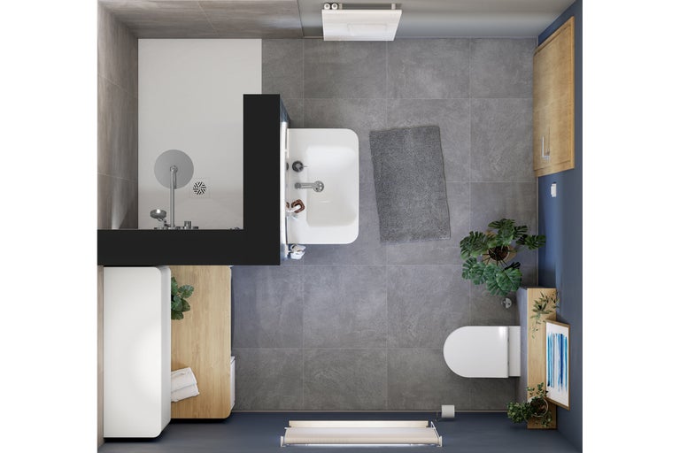 Draufsicht eines Badezimmers mit Dusche, Waschbecken, Toilette und Badmöbeln auf grauen Fliesen.