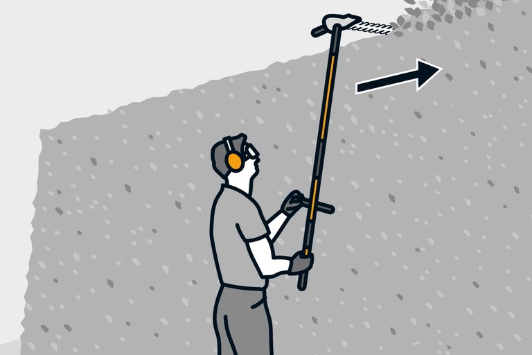 Illustration einer Person mit Gehörschutz und Schutzbrille, die einen Unkrautstecher benutzt, mit Pfeil, der die Bewegungsrichtung anzeigt