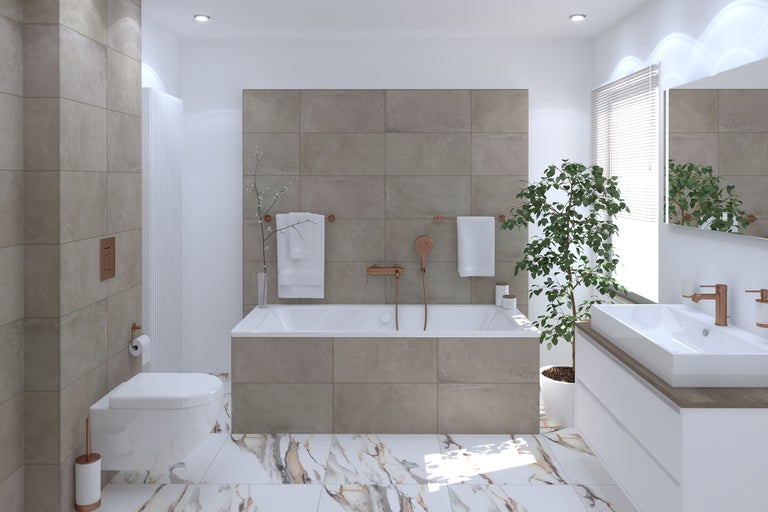 Modernes Badezimmer mit Badewanne, Waschtisch und Fliesen in Erdtönen