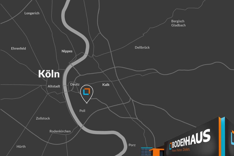 Karte von Köln mit hervorgehobenem Standort Poll und Bodenhaus Logo