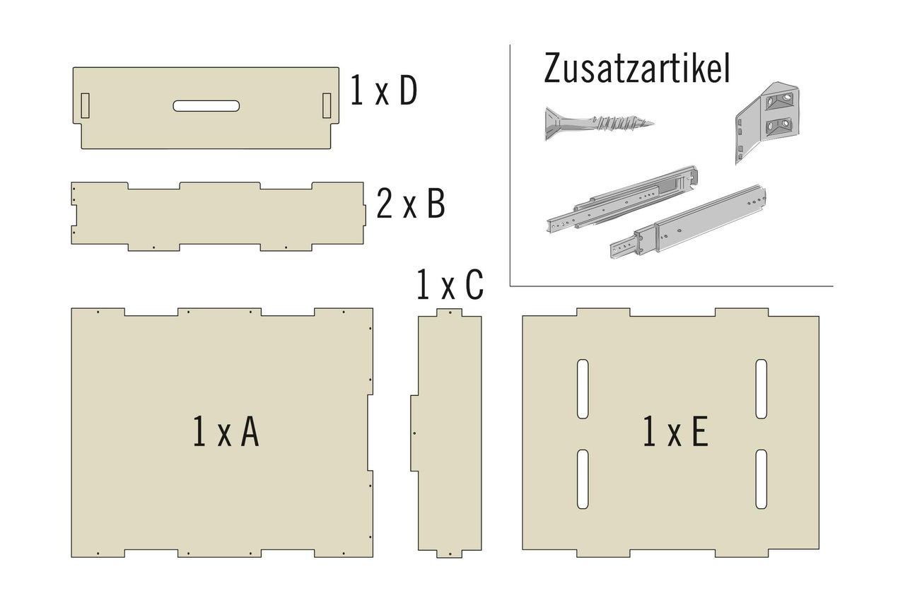 Illustration der Bauteile A, B, C, D und E sowie Zubehör wie Schrauben und Schubladenschienen