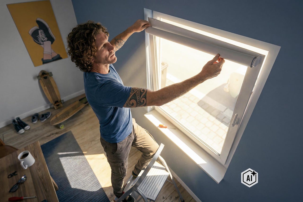 Ein Mann steht auf einer Trittleiter und montiert ein weißes Rollo an einem Fenster in einem hellen Raum. Bild ist als KI-modifiziert gekennzeichnet.