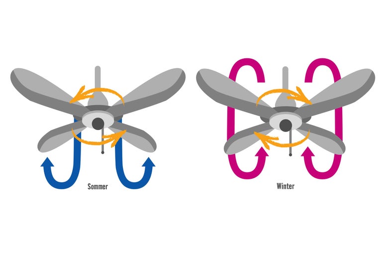 Illustration eines Deckenventilators mit Sommer- und Wintereinstellung