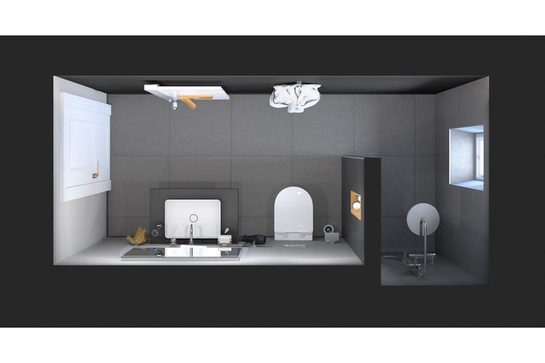 Übersicht eines Badezimmers mit Waschbecken, Toilette und Dusche.