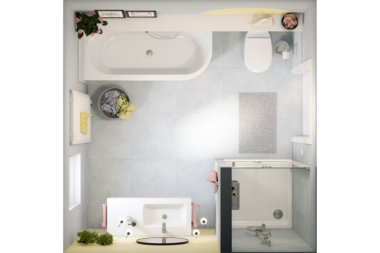 Draufsicht eines Badezimmers mit Badewanne, Toilette, Waschbecken und Dusche