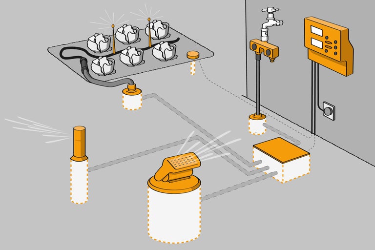 Illustration einer Bewässerungsanlage, schematische Darstellung der Abstände vom Wasserhahn zu den einzelnen Bewässerungsmöglichkeiten.