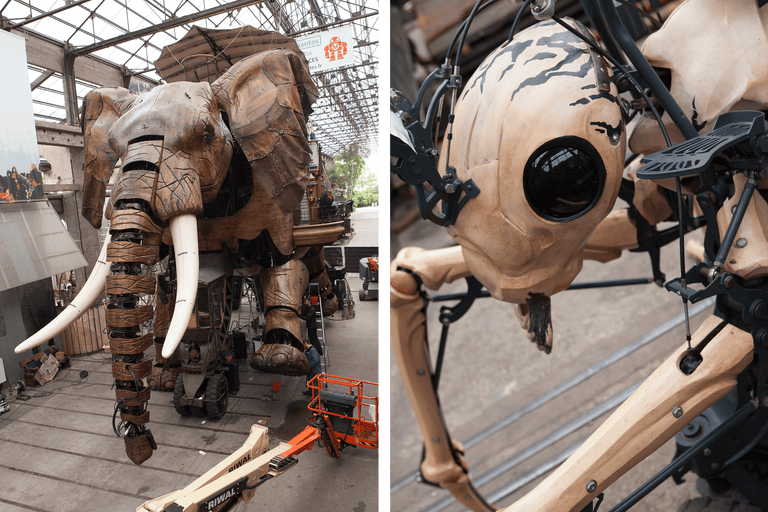 Mechanischer Elefant und Spinne im Werkstattbereich.