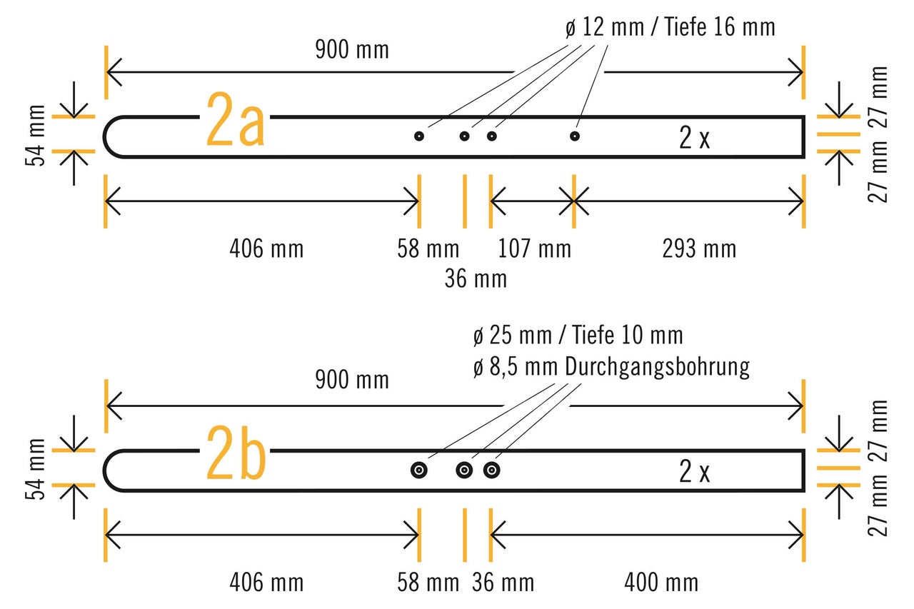 Technische Zeichnung mit Maßangaben der Produktvarianten 2a und 2b