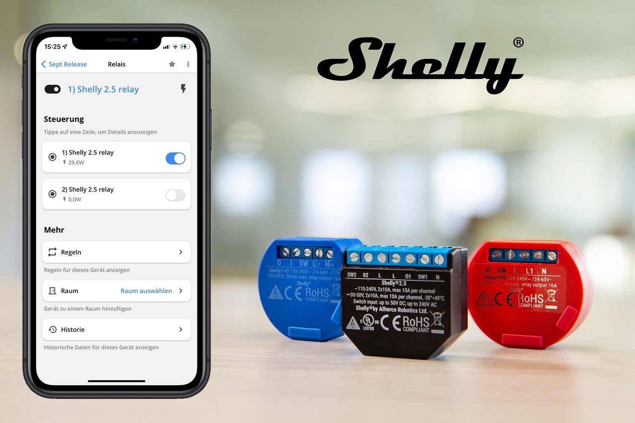 Smartphone mit Shelly App und Shelly 2.5 Relais