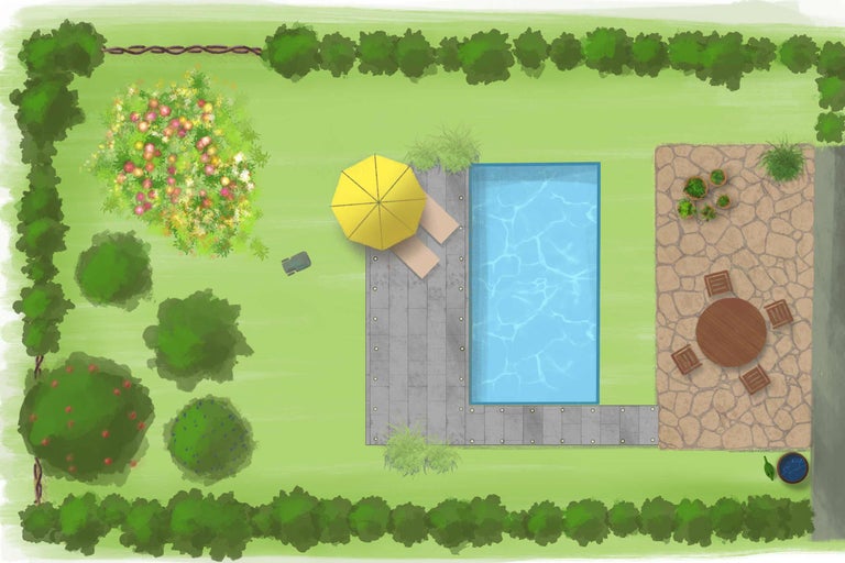Illustration einer Gartengestaltung mit Pool, Terrasse, Gartenmöbeln und Bepflanzung (Draufsicht)