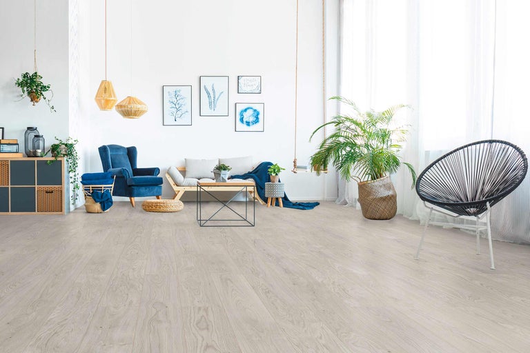 Heller Wohnraum mit Laminatboden, Sofa, Sessel und Zimmerpflanzen