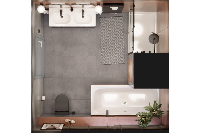 Vogelperspektive eines Badezimmers mit Doppelwaschbecken, Badewanne, Spiegel und gemustertem Teppich