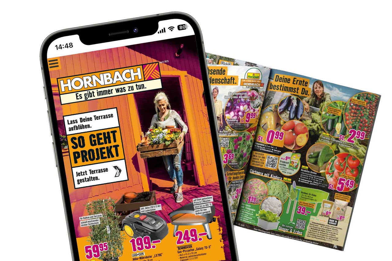 Abbildung eines Smartphones, das die Hornbach Webseite und einen Hornbach Prospekt anzeigt mit Angeboten für Garten und Terrasse.