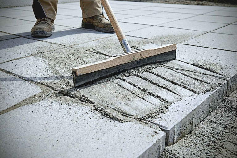 Einkehrmittel wird mit einem Gummischieber in das Pflaster gefegt