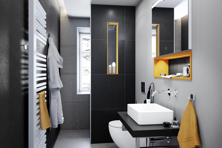 Modernes Badezimmer mit Waschbecken, Handtuchwärmer und dunklen Fliesen