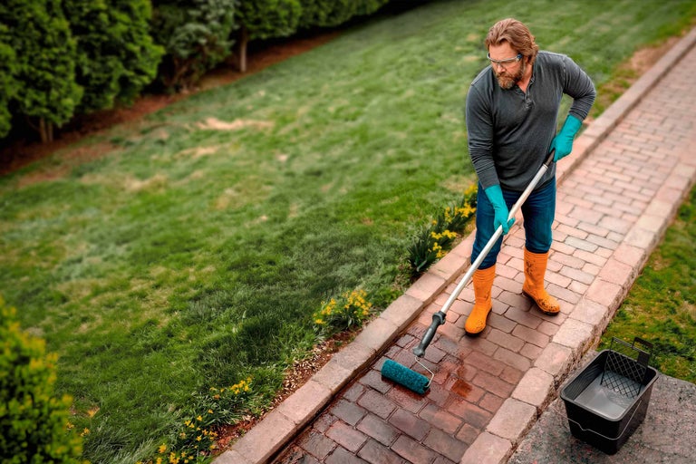 Ein Mann in Schutzkleidung trägt mit einer langstieligen Walze Versiegelung auf einen Gartenweg aus Steinen auf.