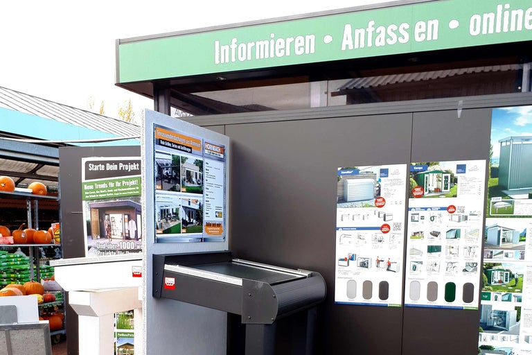 Hornbach Filiale mit Informationen zu Terrassenüberdachungen, Gartenhäusern und Gerätehäusern