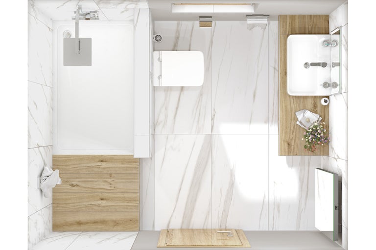 Draufsicht eines Badezimmers mit Dusche, Toilette, Waschbecken und Spiegel