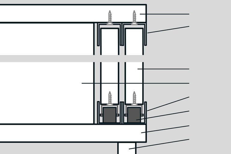 Detailansicht eines Schiebetürsystems mit oberer und unterer Führungsschiene