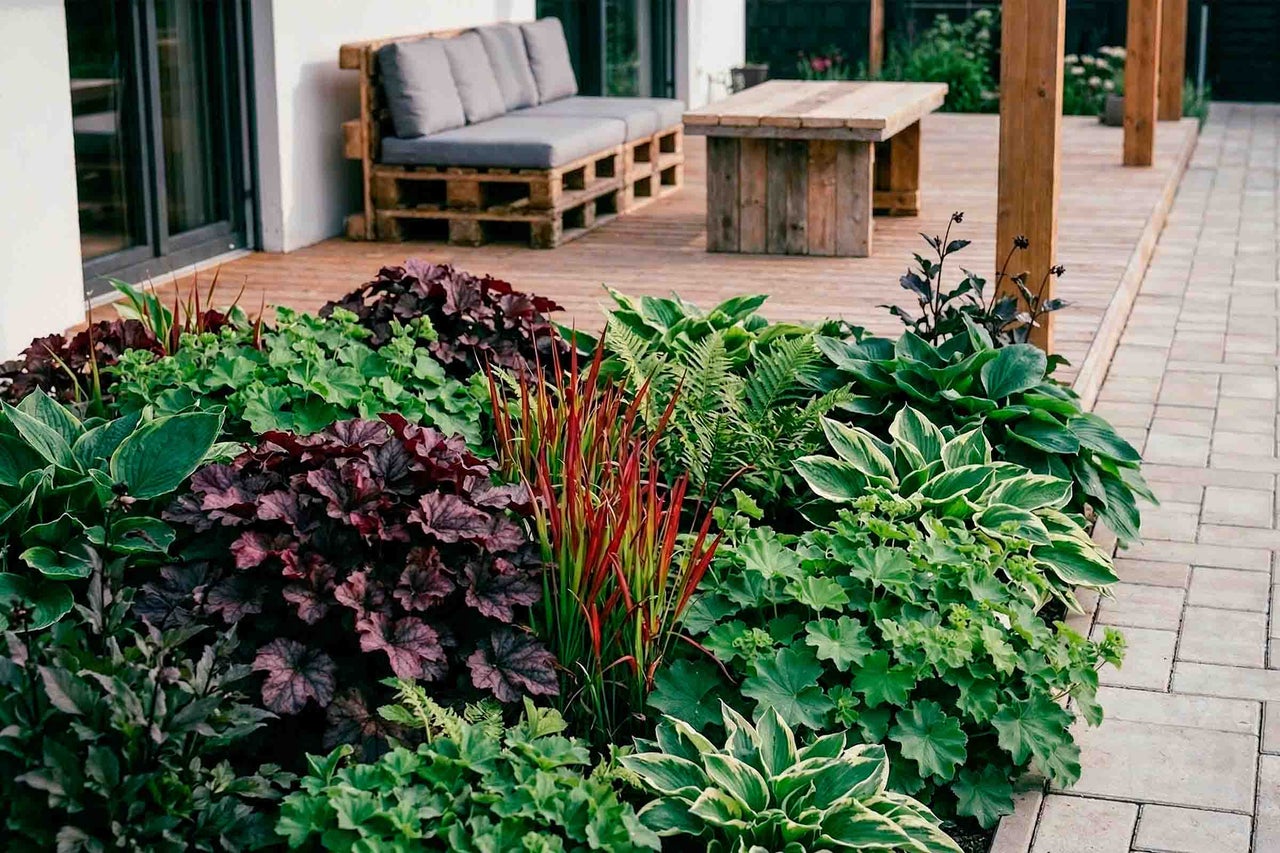 Bepflanztes Gartenbeet mit Purpurglöckchen und Funkien vor einer Holzterrasse mit Palettensofa und Holztisch.