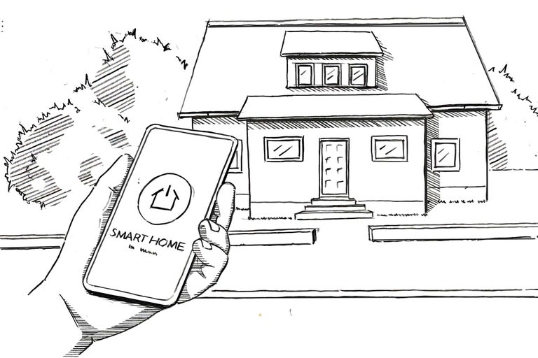 Skizze eines Hauses mit einem Smartphone in der Hand, das eine Smart Home App anzeigt