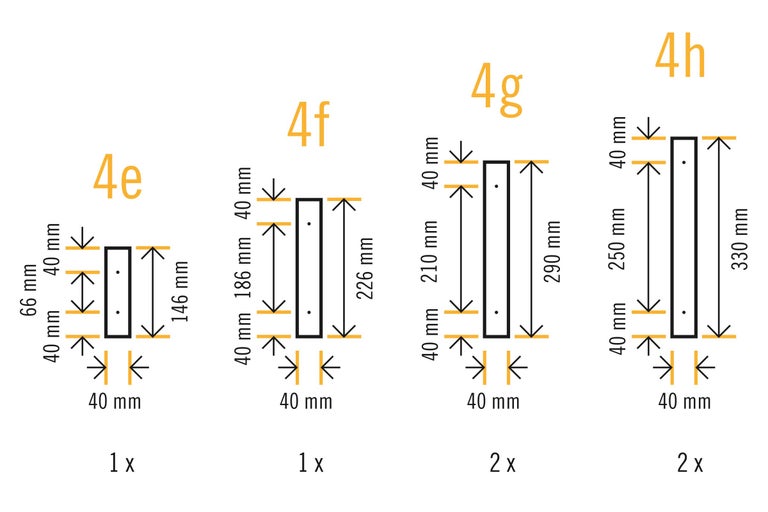 Abbildung verschiedener Holzprofilgrößen mit den Maßen 40 mm x 66 mm, 40 mm x 186 mm, 40 mm x 210 mm und 40 mm x 250 mm