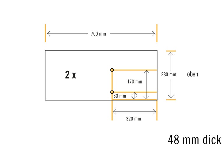 Abmessungen einer Holzplatte: 700 mm breit, 280 mm hoch, 48 mm dick, zwei Platten