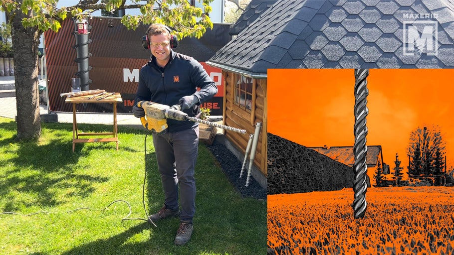 Szene im Garten mit Mann mit Bohrhammer, Geräten und Gartenhaus