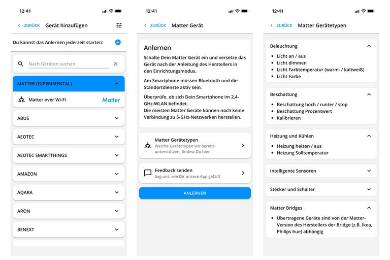 Screenshots der Matter-Gerätekonfiguration in einer App