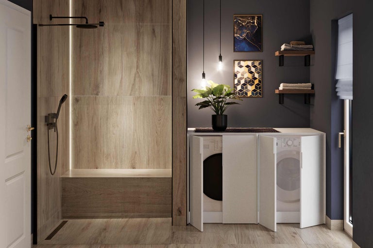 Badezimmer mit Dusche und Waschmaschinen-Einbauschrank