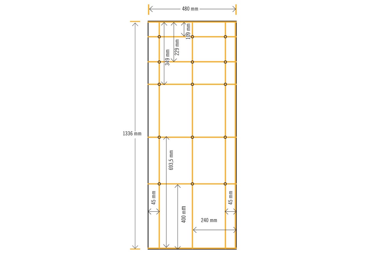 Abbildung einer Holzkonstruktion mit den Maßen 1336 mm Höhe und 480 mm Breite