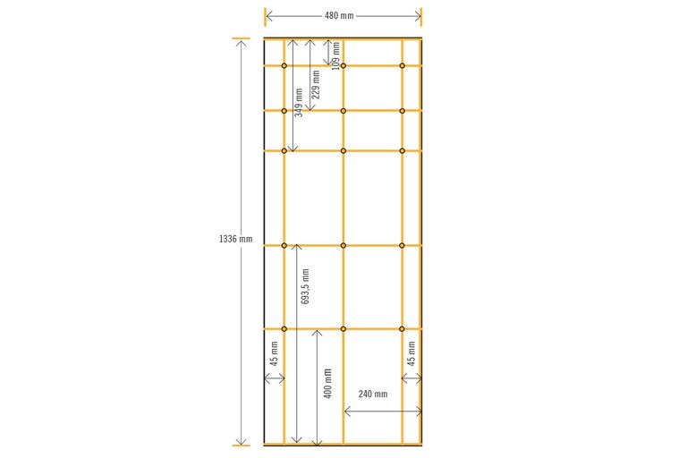 Abbildung einer Holzkonstruktion mit den Maßen 1336 mm Höhe und 480 mm Breite