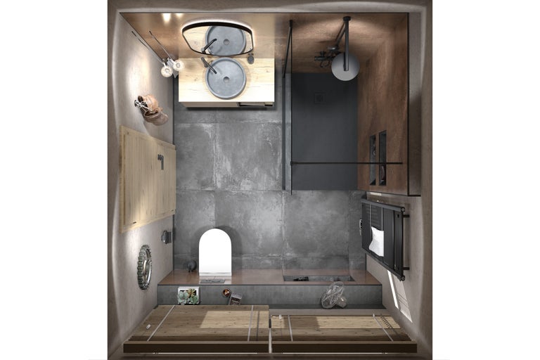 Ansicht von oben eines Badezimmers mit Dusche, Waschbecken, Toilette und Heizkörper