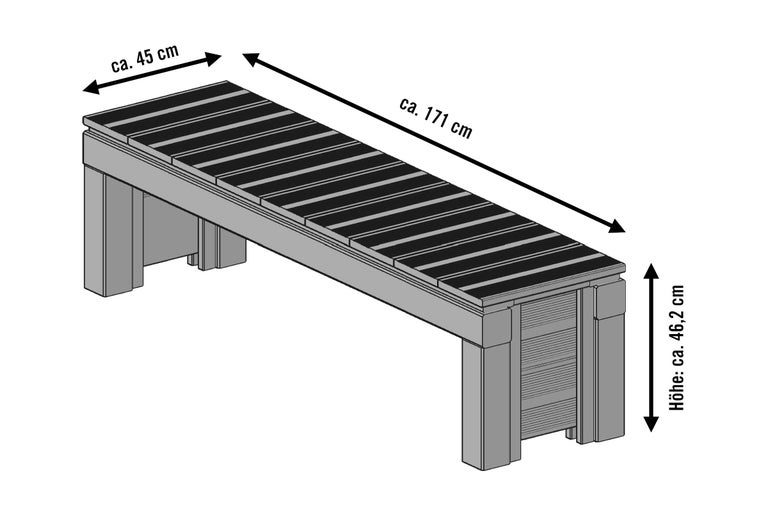Illustration einer Gartenbank mit den Maßen circa 45 Zentimeter Breite, circa 171 Zentimeter Länge und circa 46,2 Zentimeter Höhe.