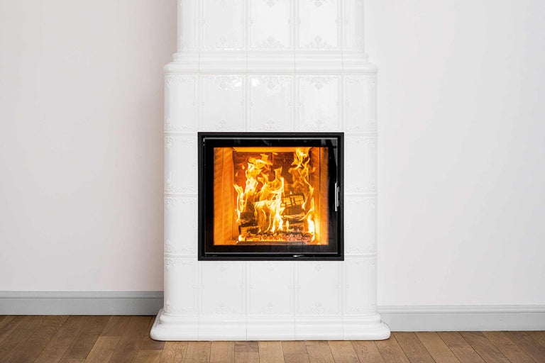 Kaminofen mit brennendem Holz hinter Glas