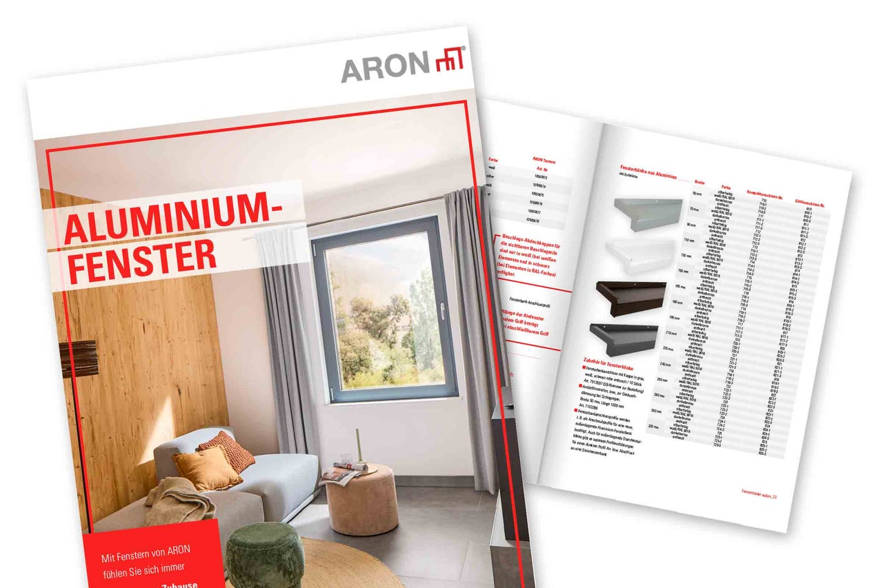 Infoblatt zu Aluminiumfenster und Fensterbänken von ARON mit technischer Übersicht und Produktdetails zur Auswahl und Montage.