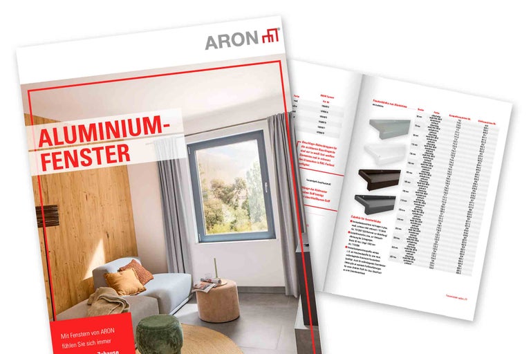 Infoblatt zu Aluminiumfenster und Fensterbänken von ARON mit technischer Übersicht und Produktdetails zur Auswahl und Montage.