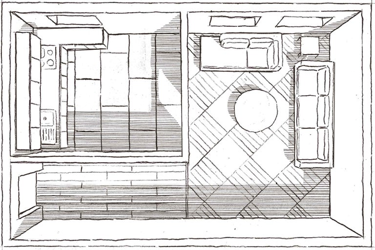 Draufsicht auf eine Wohnungseinrichtung mit Wohnzimmer, Schlafzimmer und Badezimmer