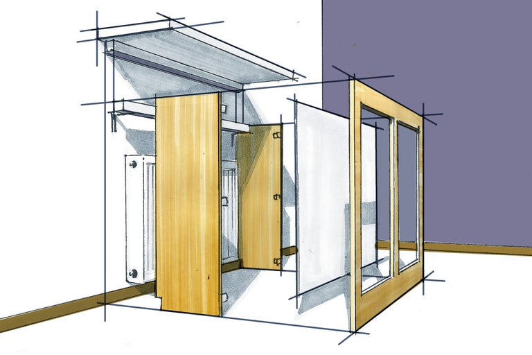 Skizze einer Badezimmereinrichtung mit Waschtischunterschrank, Spiegel und Fenster