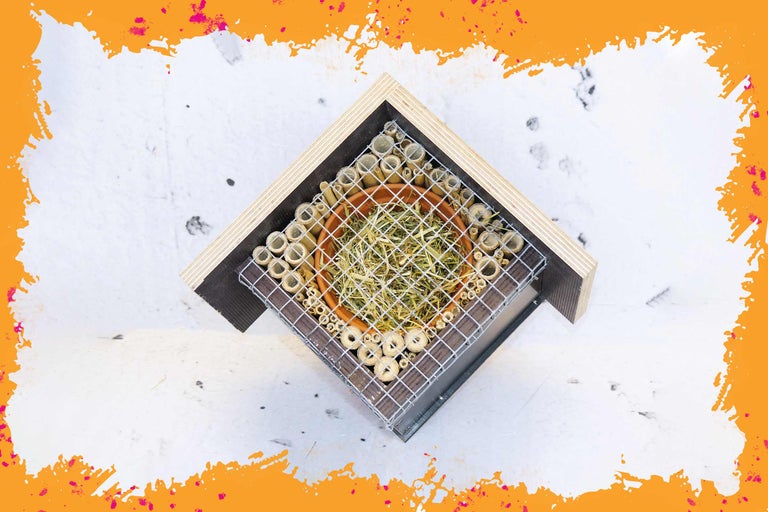 Insektenhotel mit Bambusröhren und Füllmaterial für verschiedene Insektenarten