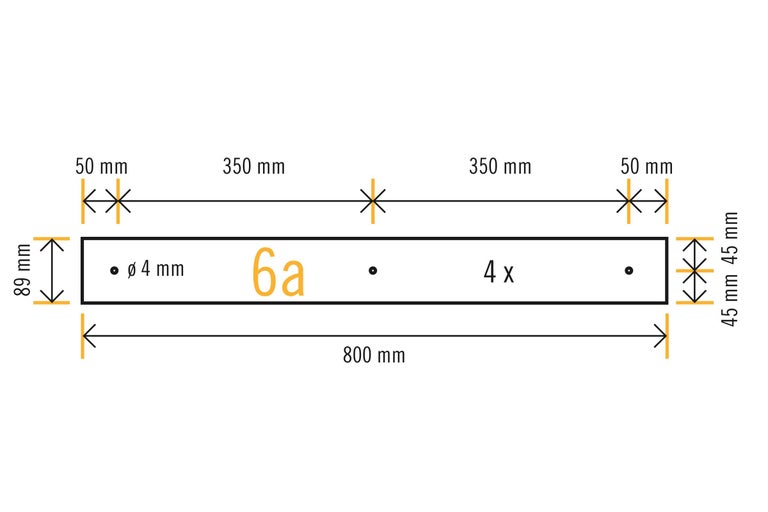 Technische Zeichnung mit Maßangaben für ein Bauteil: 800 Millimeter Länge, 89 Millimeter Höhe, Bohrungen mit 4 Millimeter Durchmesser.