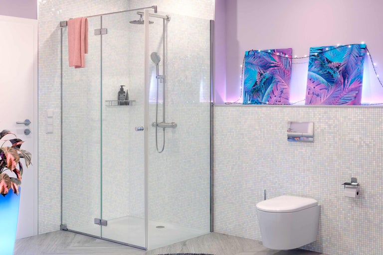 Badezimmer mit Glasduschkabine, Toilette und Dekoration