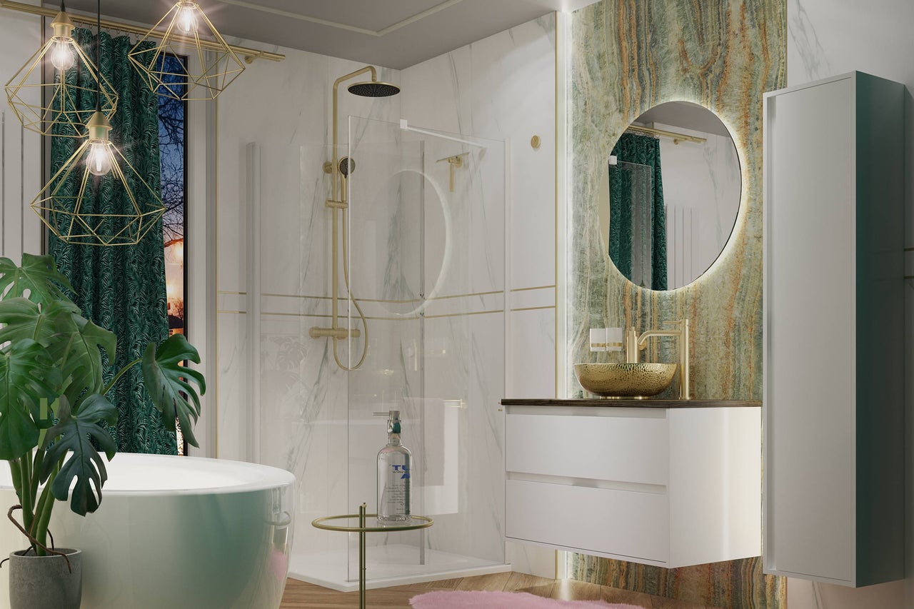Modernes Badezimmer mit Badewanne, Dusche, Waschtisch und Spiegel