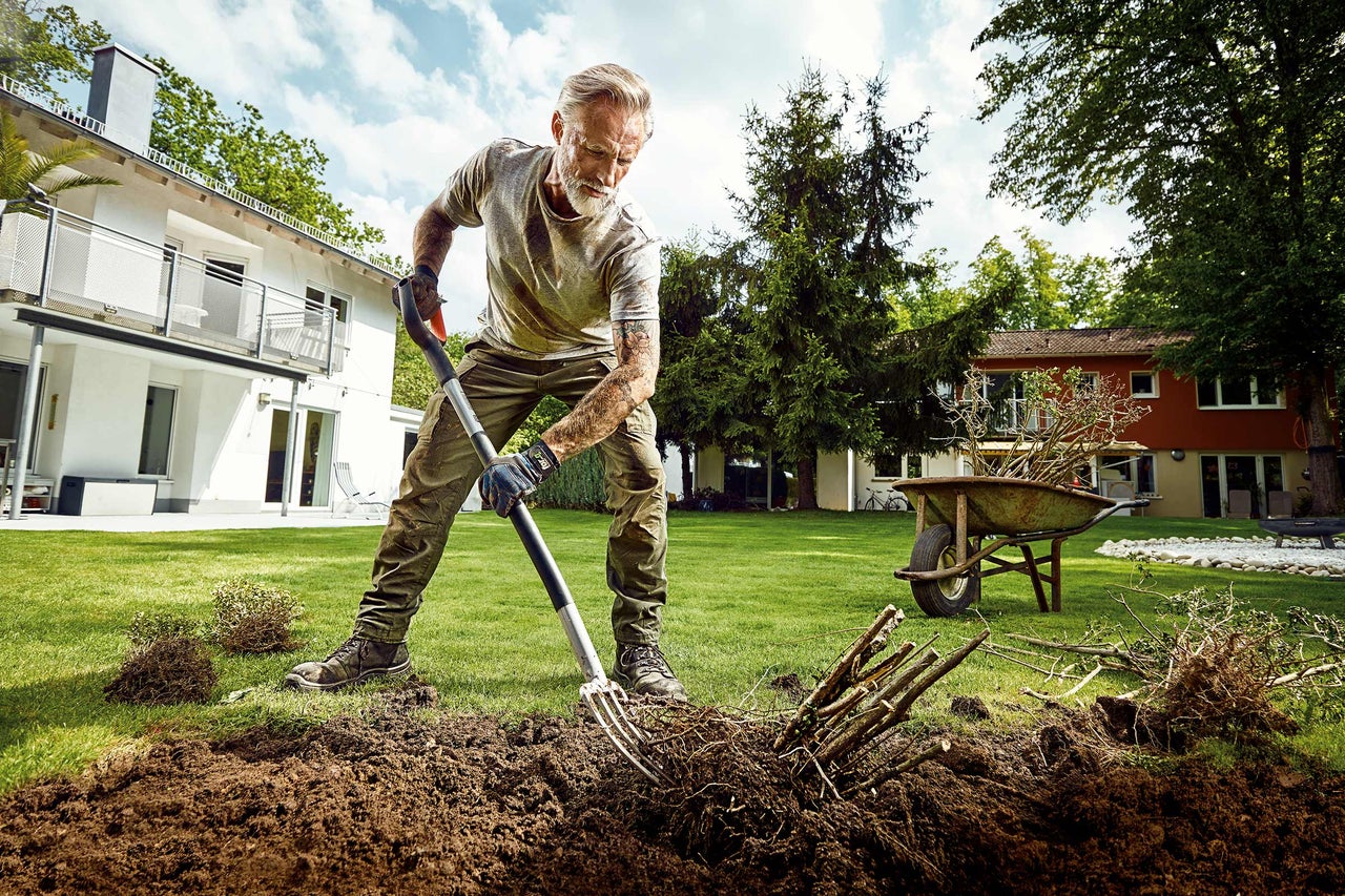 Ein Mann arbeitet mit einer Grabegabel im Garten, umgepflanzte Sträucher und eine Schubkarre im Hintergrund.