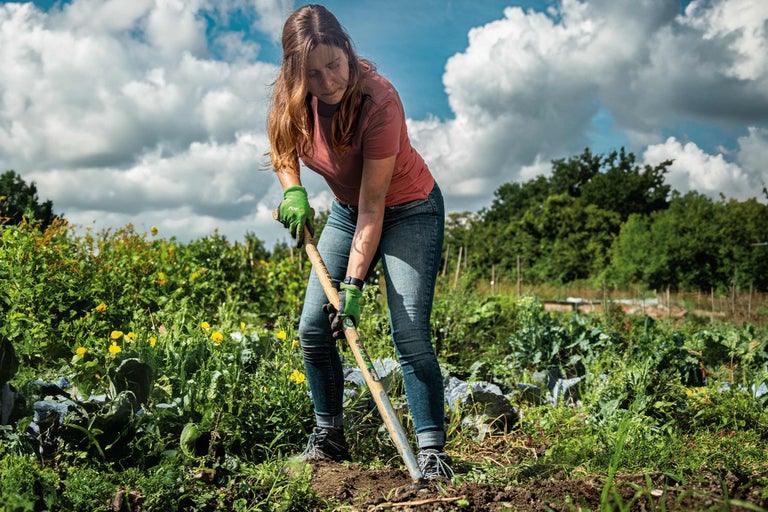 Frau arbeitet mit einem Spaten im Garten.